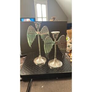 Silver Metal Angel Wings Candle Holders - set of 2